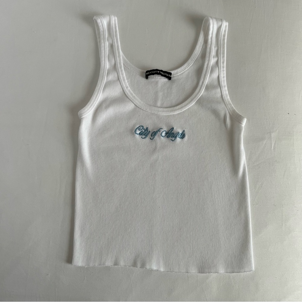 Brandy Melville White Ribbed Tank with Light Blue Script